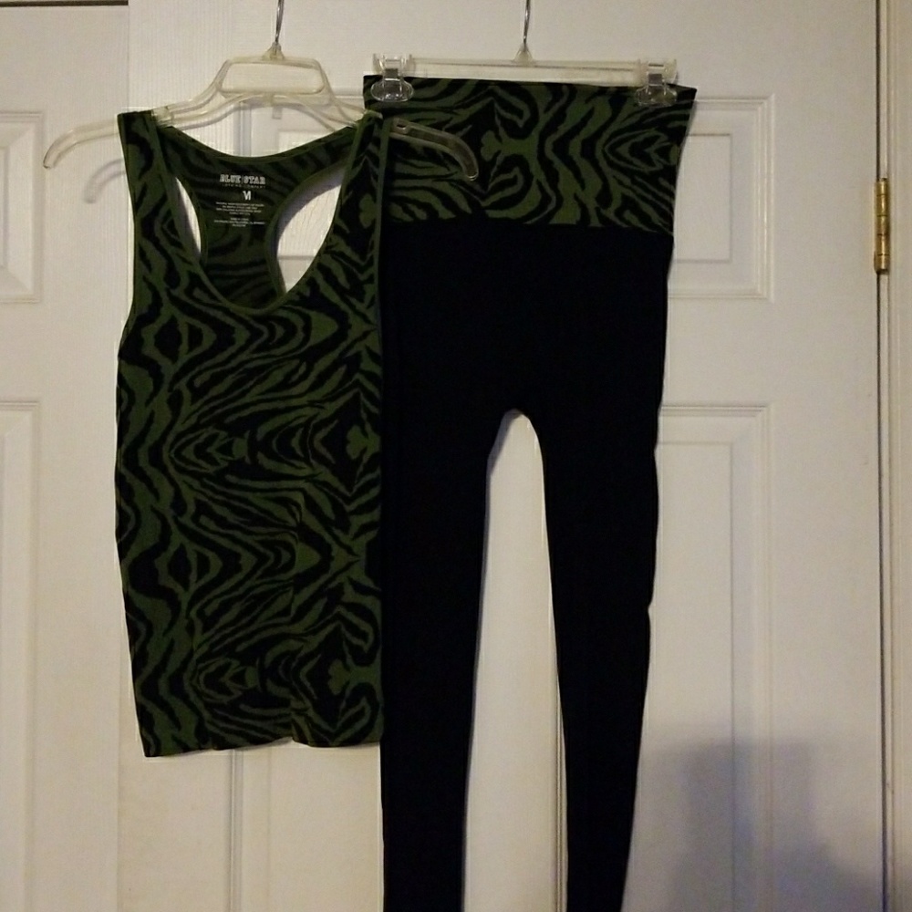 Army green, zebra print legging and tank top set